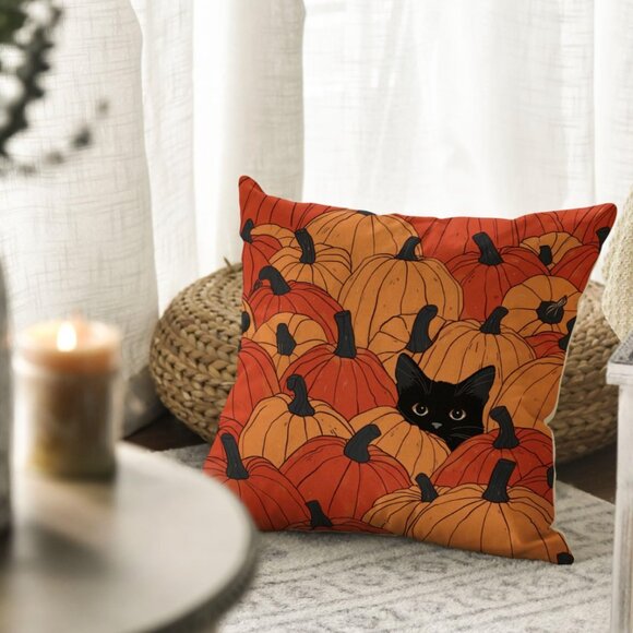 Fall Pumpkins Black Cat Throw Pillow Cover – 18"x18", Seasonal Autumn - Picture 3 of 6